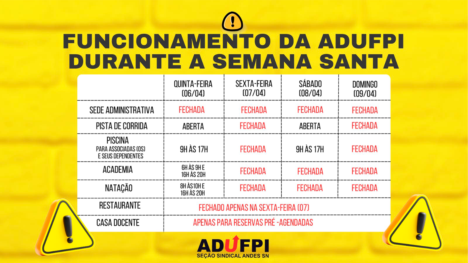 Confira O Funcionamento Da Adufpi Durante O Feriado De Semana Santa