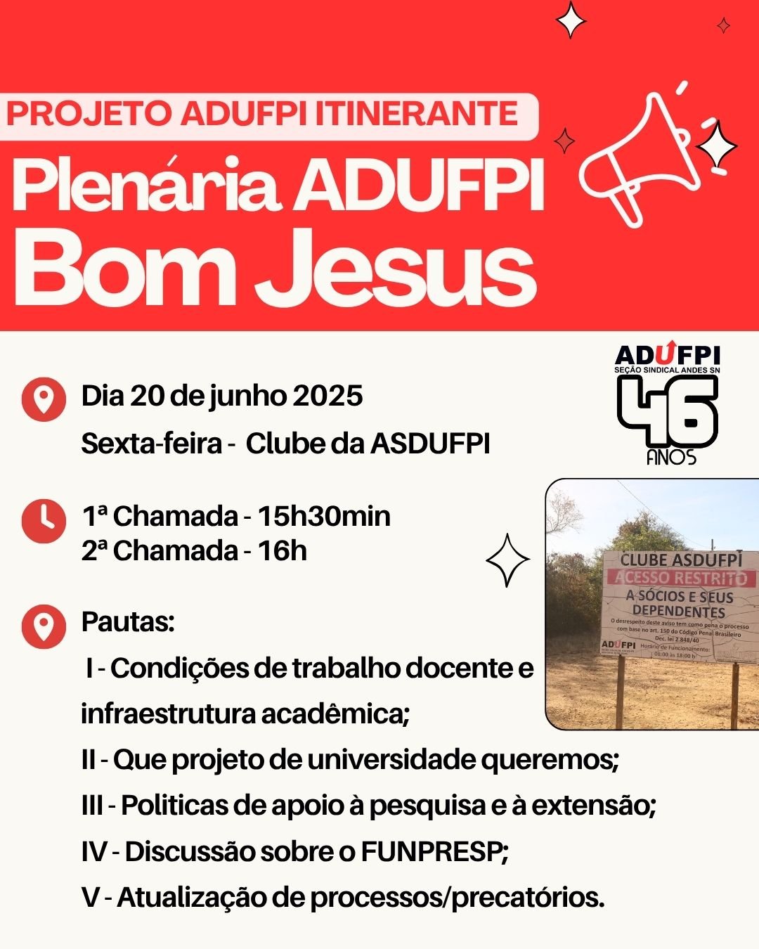 CONVOCATÓRIA: Projeto ADUFPI Itinerante  – Plenária ADUFPI em Bom Jesus.