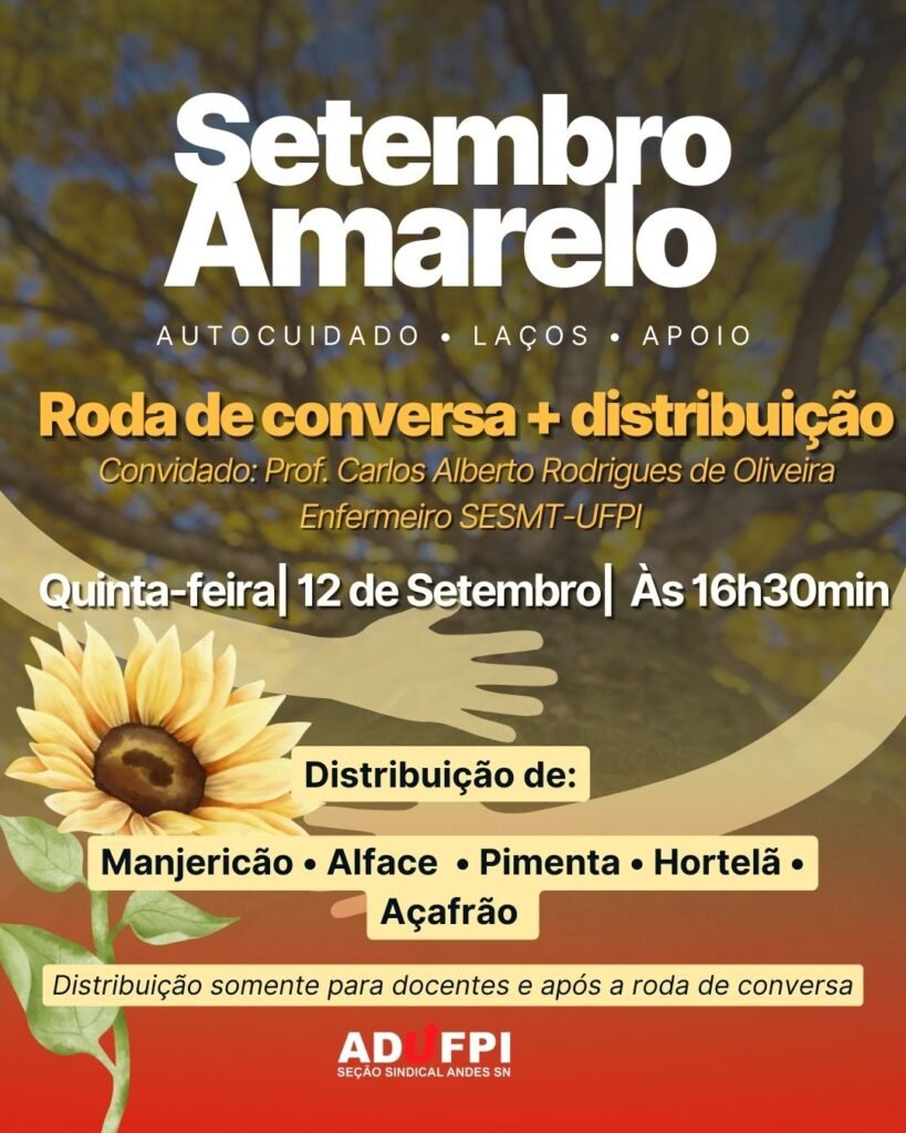 Setembro amarelo e Projeto Vida Flor: roda de conversa e distribuição de hortaliças nesta quinta-feira, dia 11 de setembro
