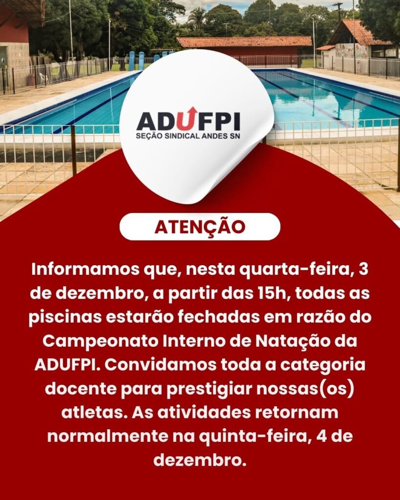 Aviso de funcionamento das piscinas nesta quarta-feira, dia 03 de dezembro de 2025