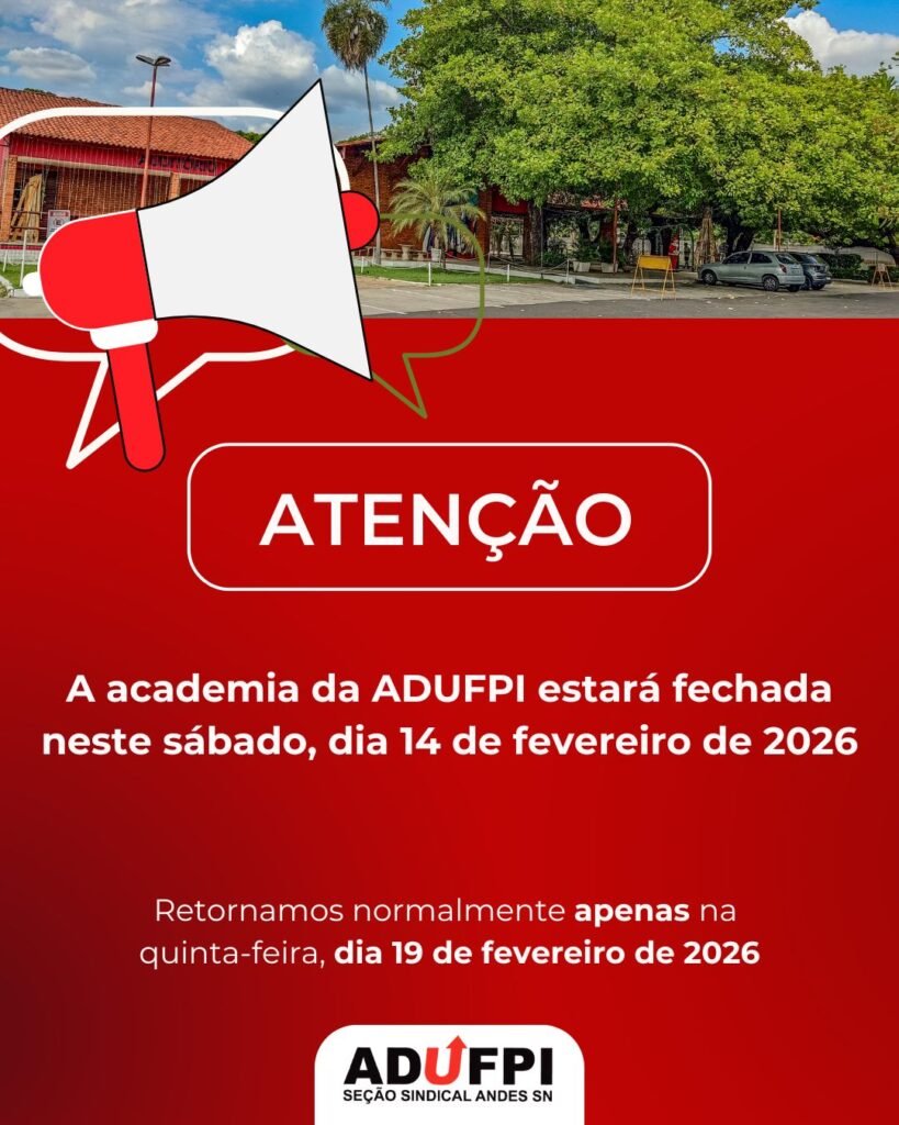 Funcionamento da academia da ADUFPI neste sábado dia 14 de fevereiro de 2026