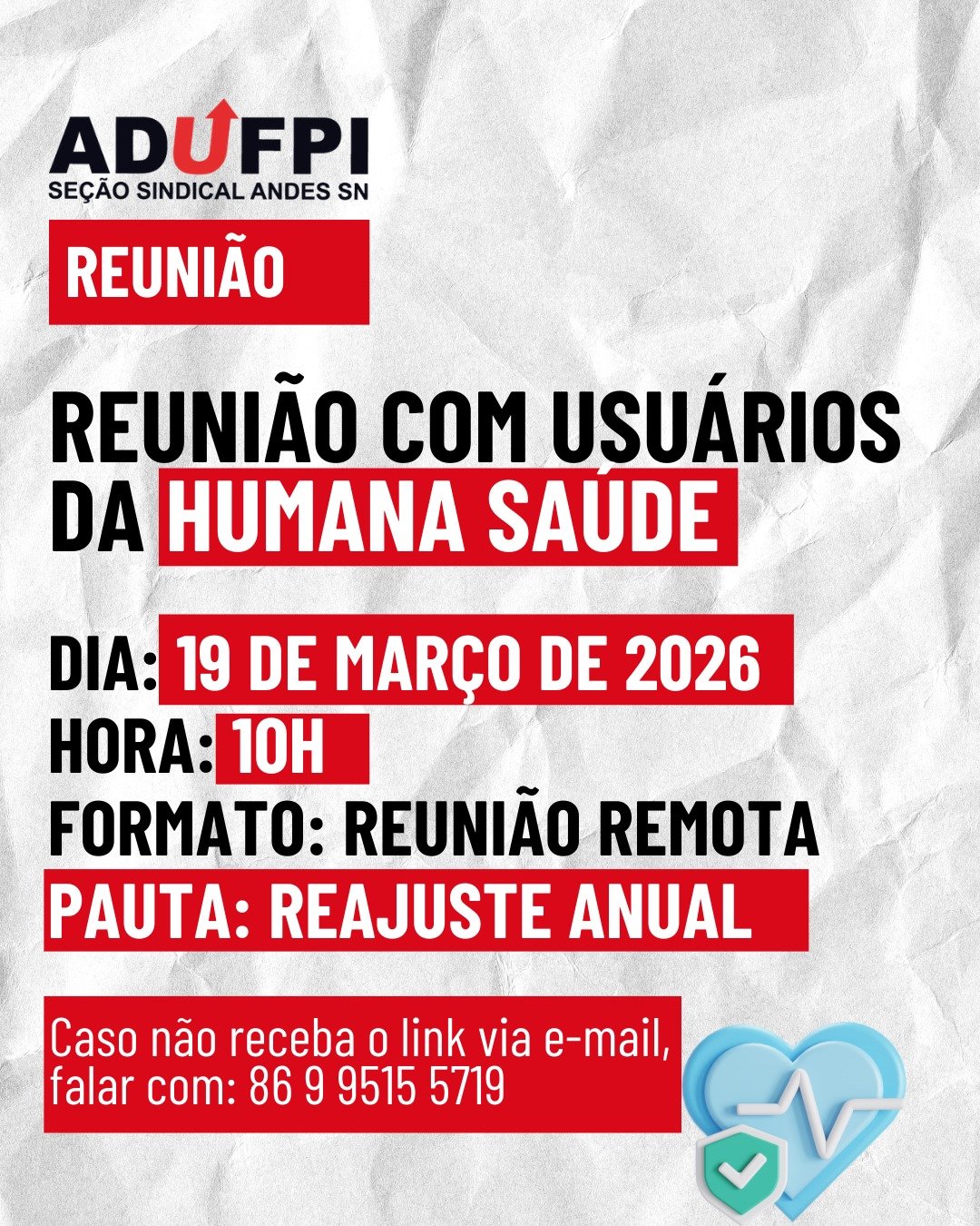 CONVOCATÓRIA: reunião remota com usuários(as) do plano Humana Saúde, nesta quinta-feira, dia 19 de março de 2026