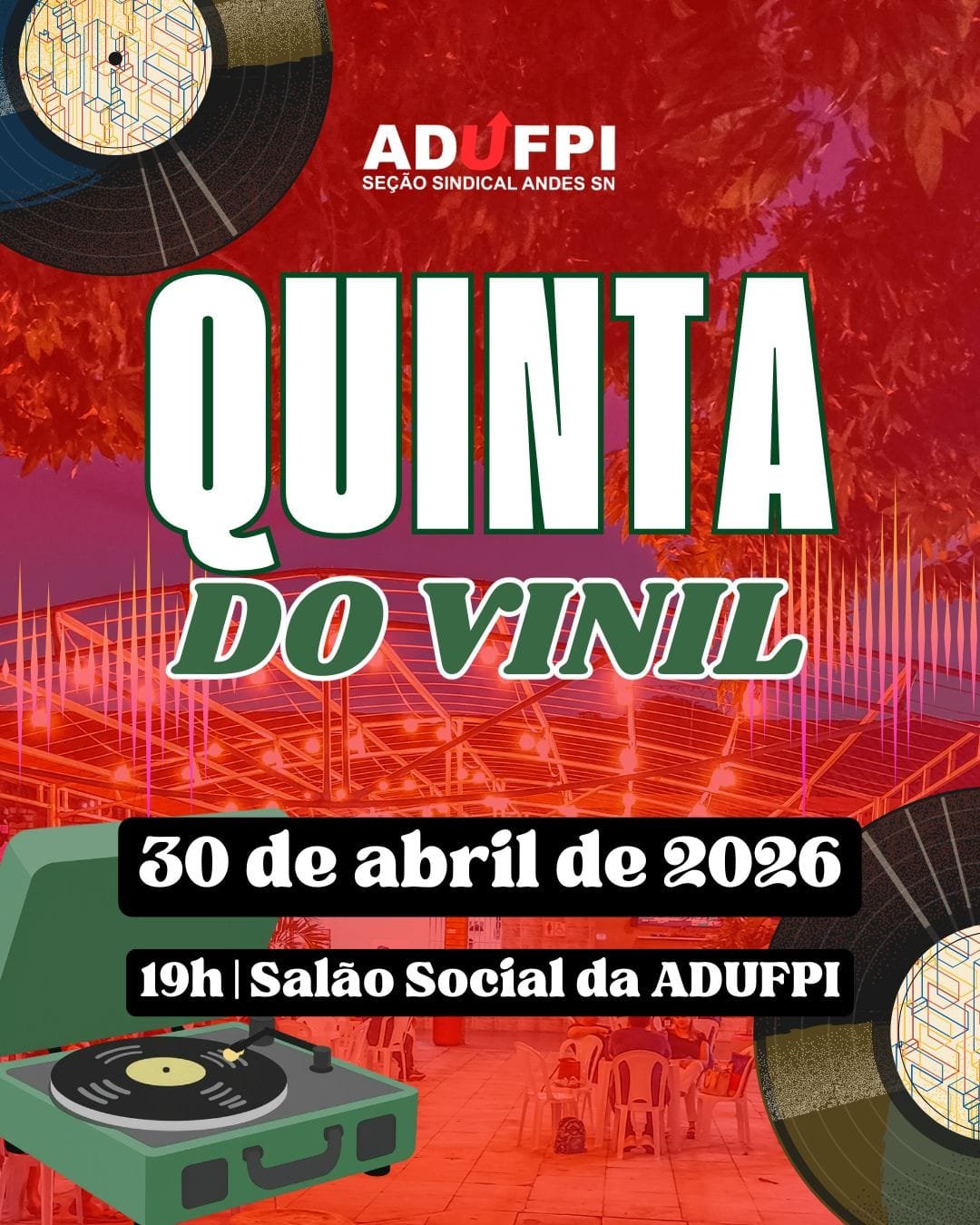 Projeto Quinta do Vinil retoma suas atividades nesta quinta-feira, dia 30 de abril de 2026, às 19h, no Salão Social da ADUFPI