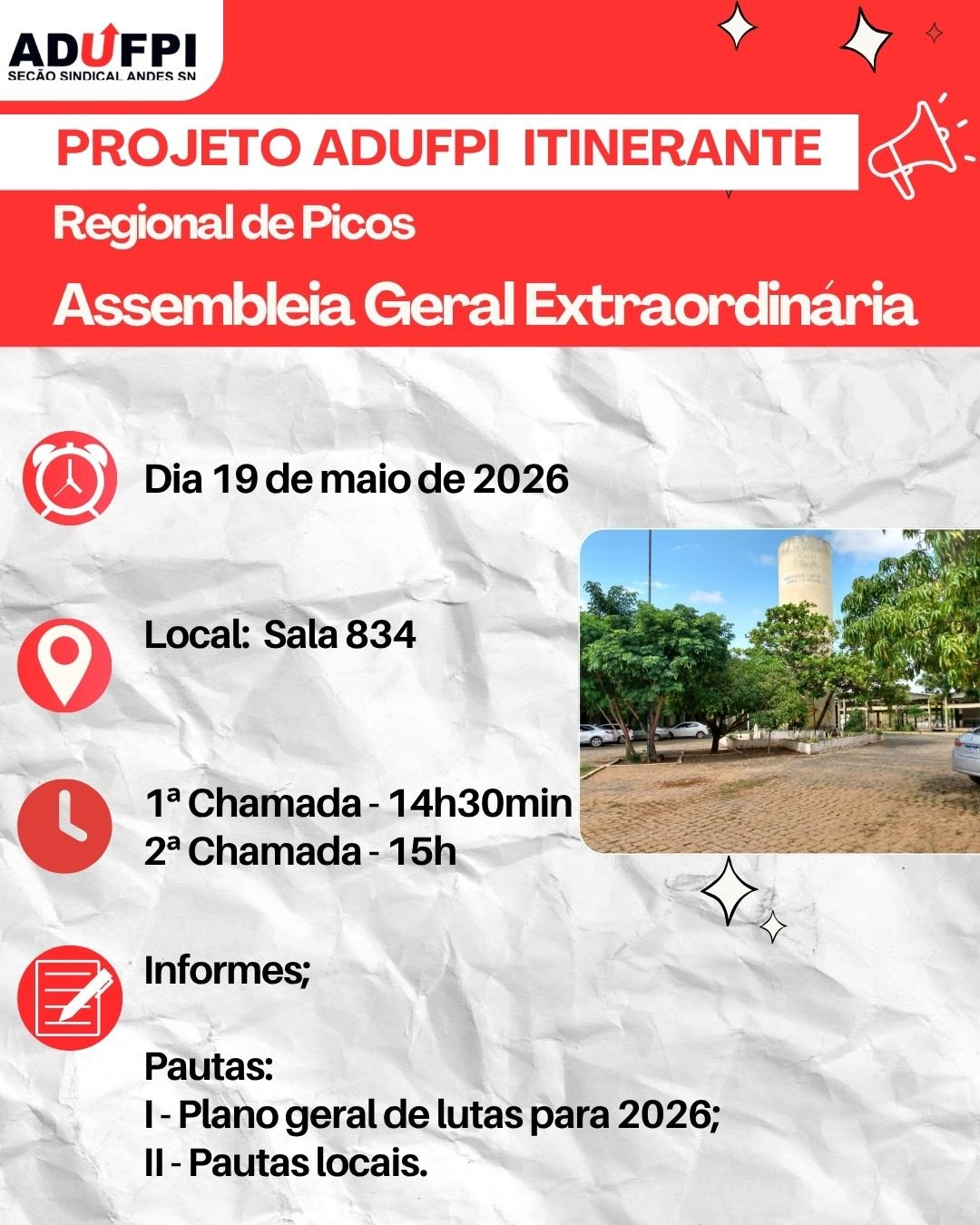 ADUFPI Itinerante chega à Regional de Picos nesta terça-feira, dia 19 de maio de 2026