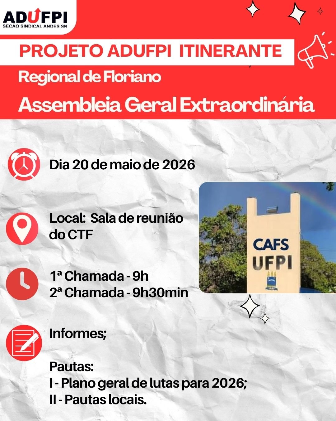 ADUFPI Itinerante chega à Regional de Floriano nesta quarta-feira, dia 20 de maio de 2026