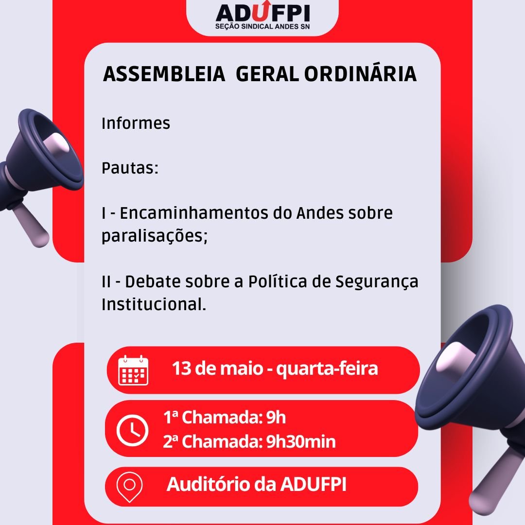 Assembleia Geral Ordinária da ADUFPI, dia 13 de maio de 2026, às 9h, no auditório da ADUFPI