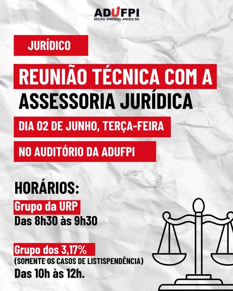 Reunião técnica com a assessoria jurídica da ADUFPI, nesta terça-feira, dia 2 de junho de 2026