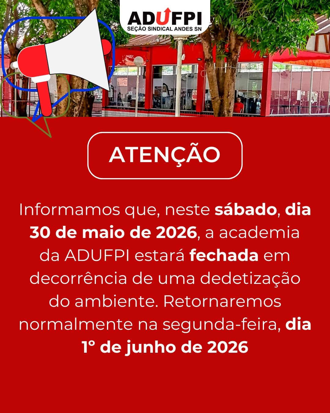 Funcionamento da academia da ADUFPI neste sábado, dia 30 de maio de 2026