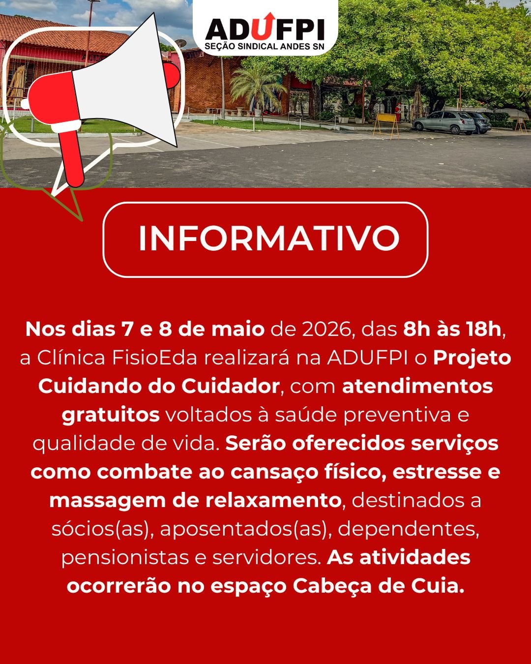 Projeto Cuidando do Cuidador oferece atendimentos gratuitos na ADUFPI nos dias 7 e 8 de maio. Confira.