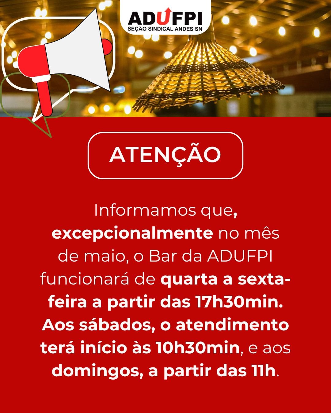 COMUNICADO: Funcionamento do Bar da ADUFPI no mês de maio