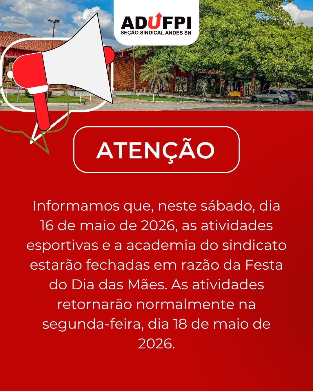 Funcionamento do Setor de Esportes e Academia da ADUFPI neste sábado, dia 16 de maio de 2026