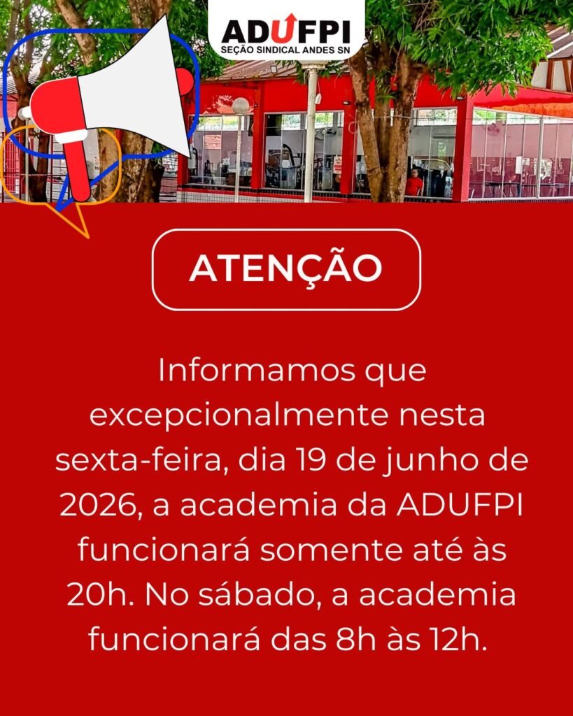 Funcionamento da academia nesta sexta-feira, dia 19 de junho de 2026
