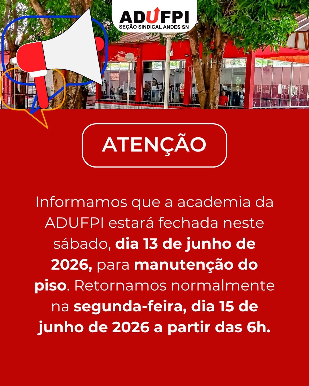 Funcionamento da academia neste sábado, dia 13 de junho de 2026