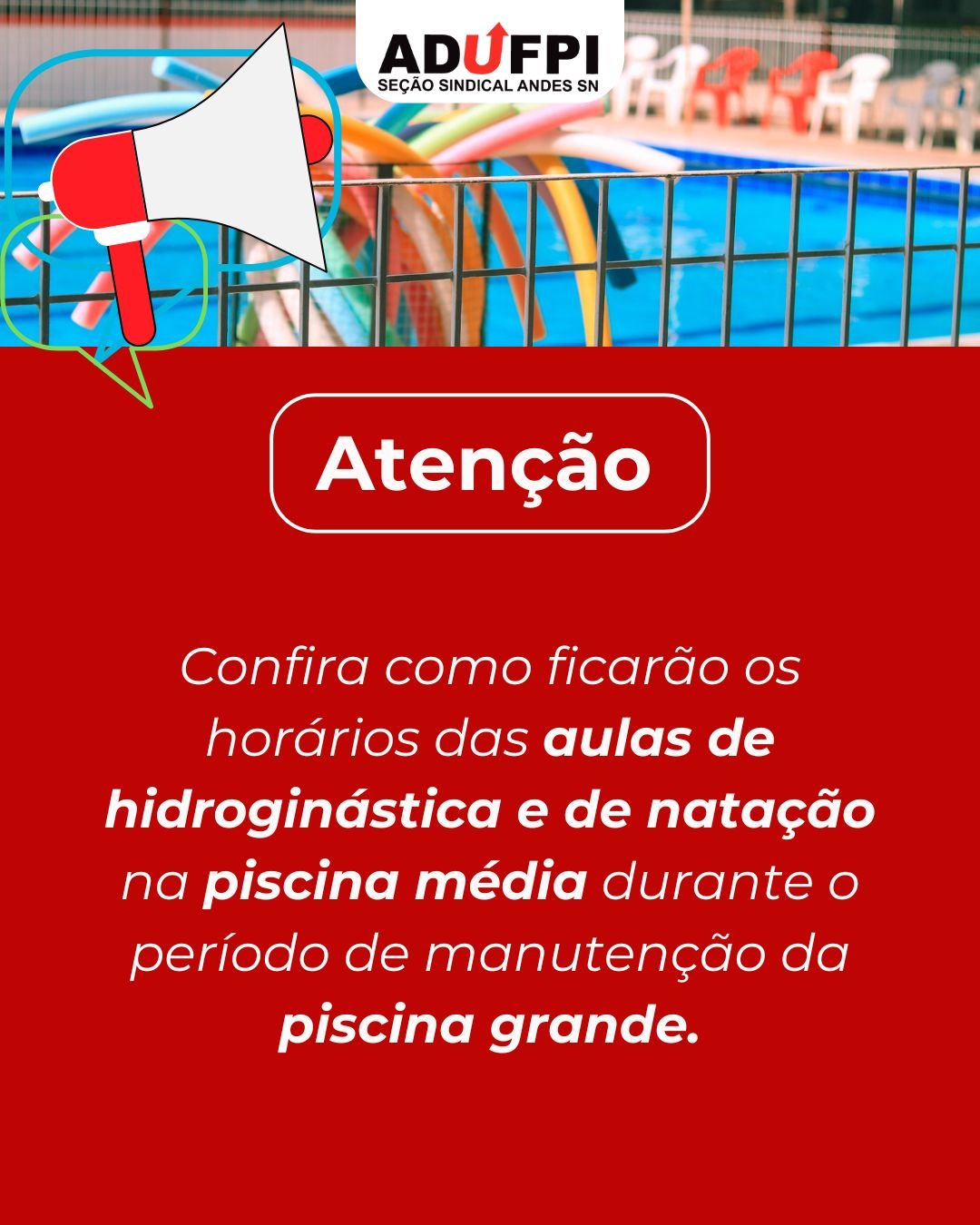 Confira como ficarão os horários das aulas de hidroginástica e de natação na piscina média durante o período de manutenção da piscina grande.