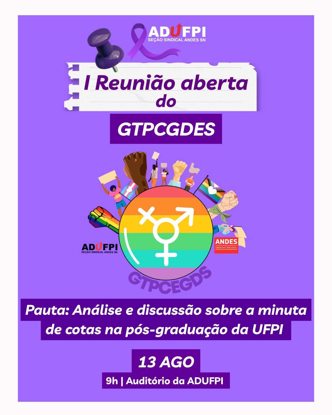Convite: I Reunião Aberta do GTPCGDES – ANDES SN. Dia 13 de agosto de 2026, às 9h