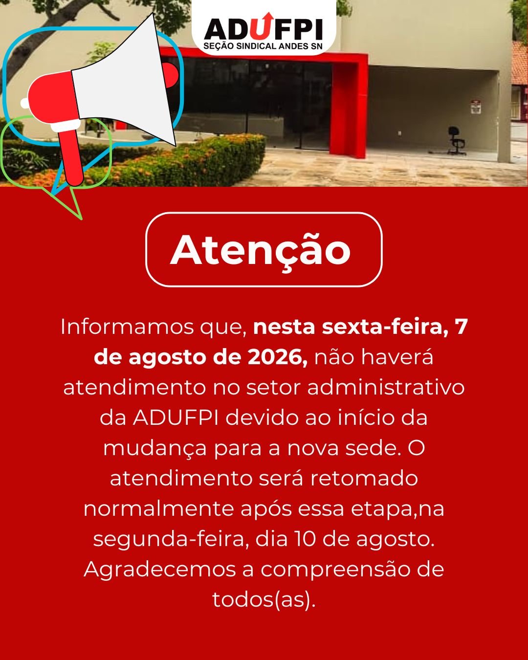 Funcionamento da Sede Administrativa da ADUFPI nesta sexta-feira, dia 07 de agosto de 2026