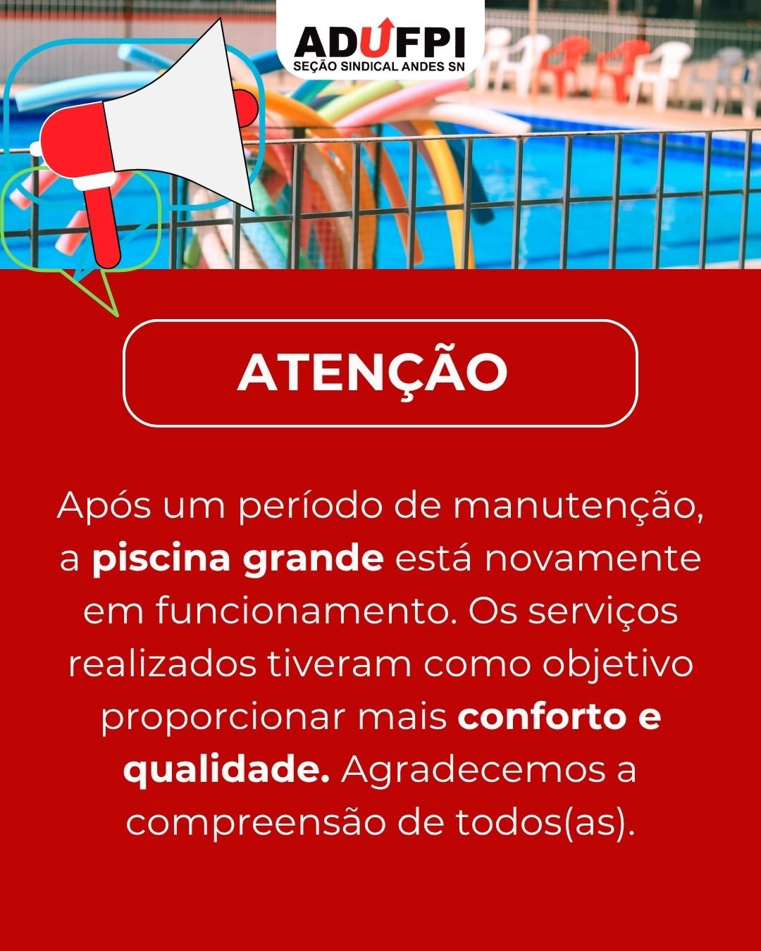 INFORME: Funcionamento da piscina grande