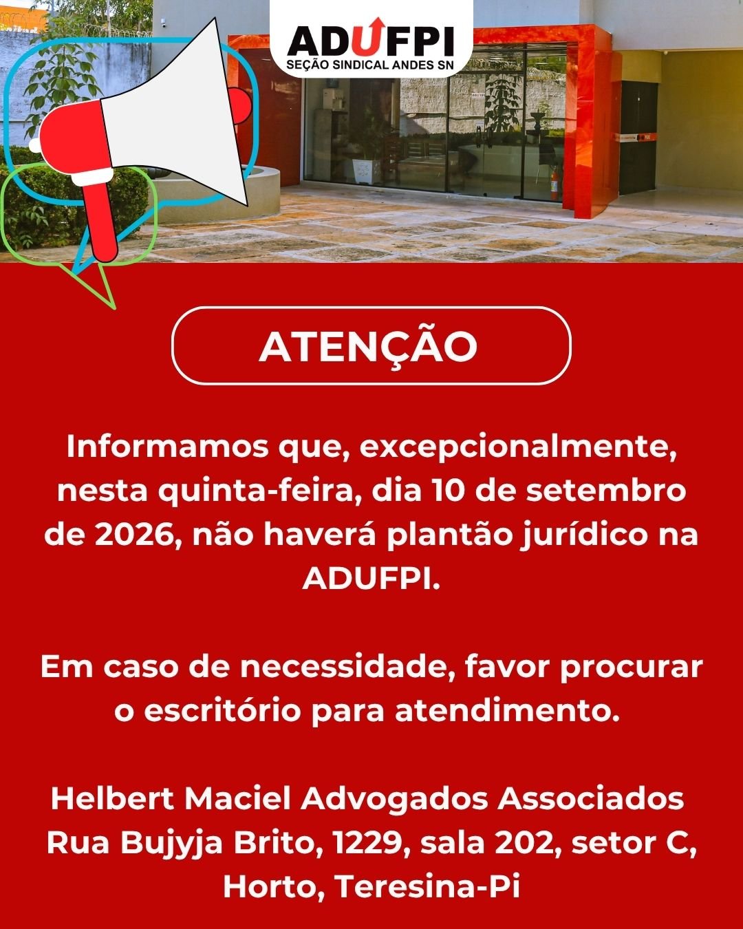 Informe Jurídico: atendimento suspenso nesta quinta-feira dia 10 de setembro de 2026