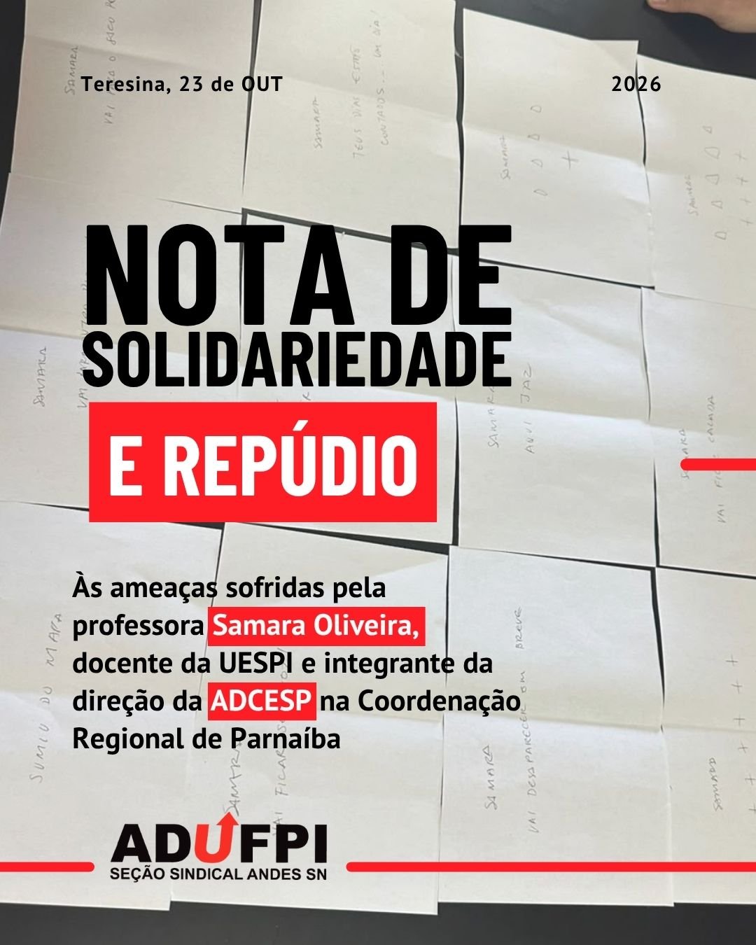 Nota de solidariedade e repúdio às ameaças sofridas pela professora Samara Oliveira.