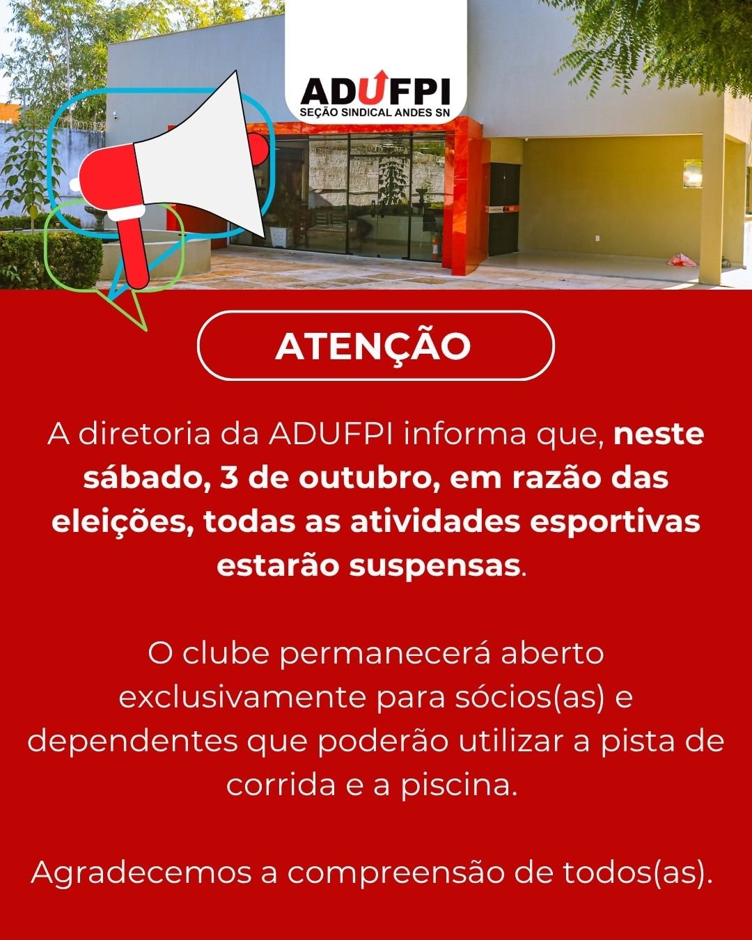 Aviso de funcionamento da ADUFPI neste sábado, dia 3 de outubro de 2026