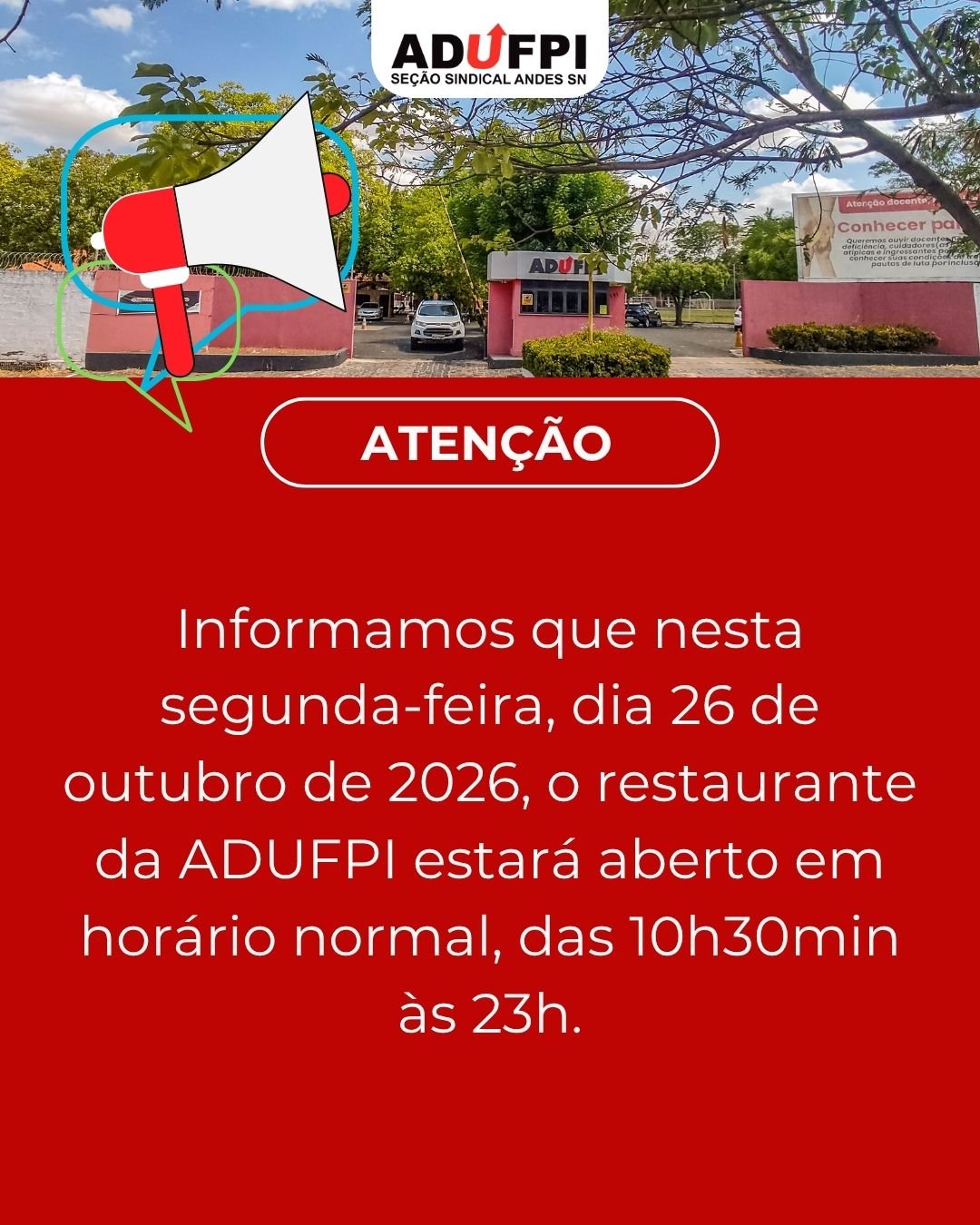 Informativo do restaurante da ADUFPI nesta segunda-feira dia 26 de outubro de 2026