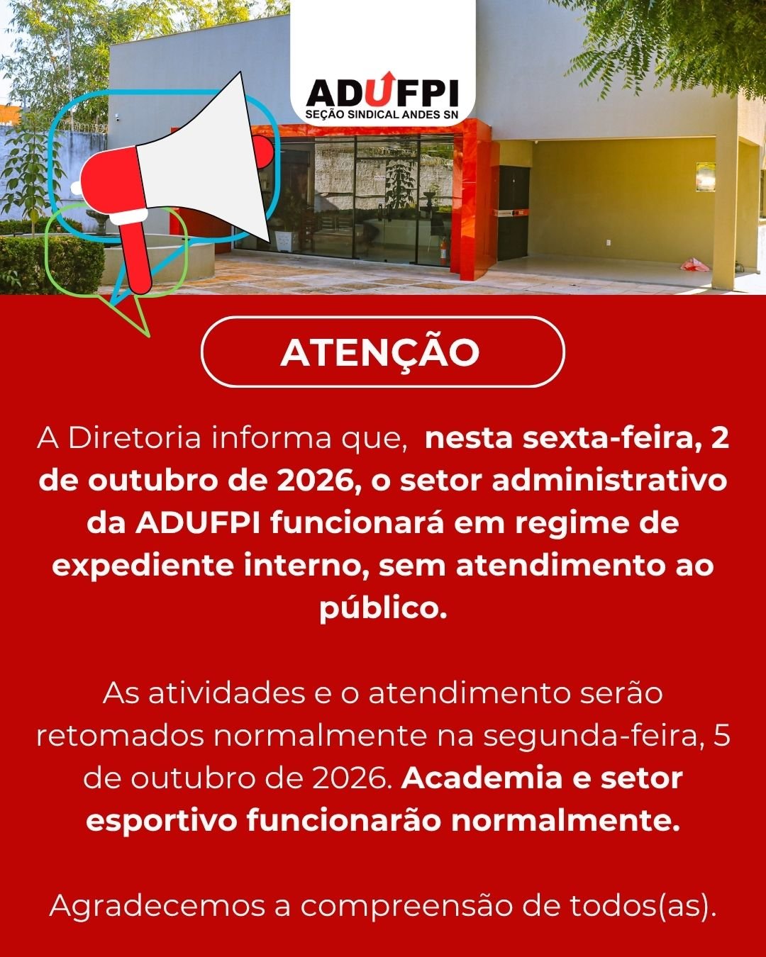 AVISO DE EXPEDIENTE INTERNO NA SEDE ADMINISTRATIVA NESTA SEXTA-FEIRA, 2 DE OUTUBRO DE 2026