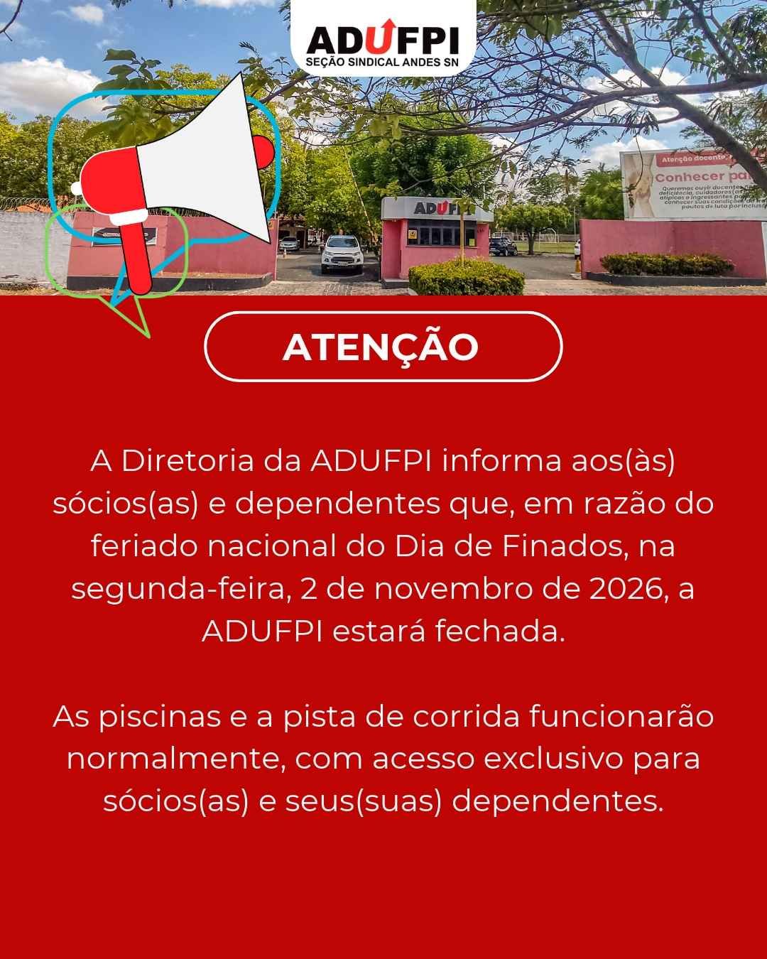 Funcionamento da ADUFPI nesta segunda-feira, dia 2 de novembro de 2026.