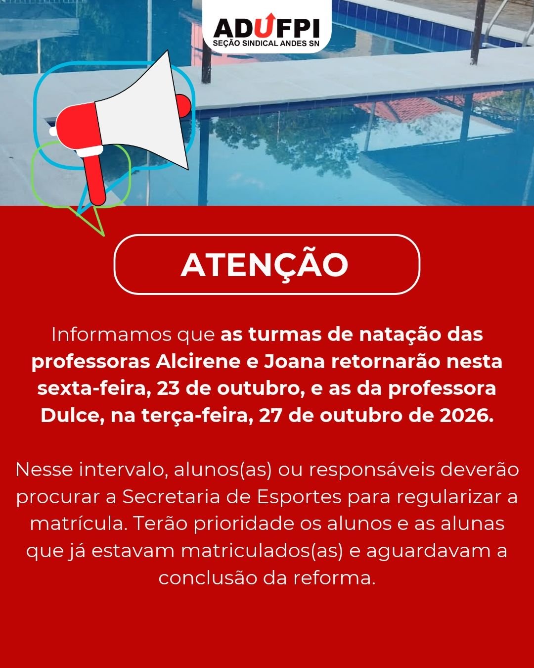 Informe sobre o retorno das turmas de natação das piscinas média e pequena.