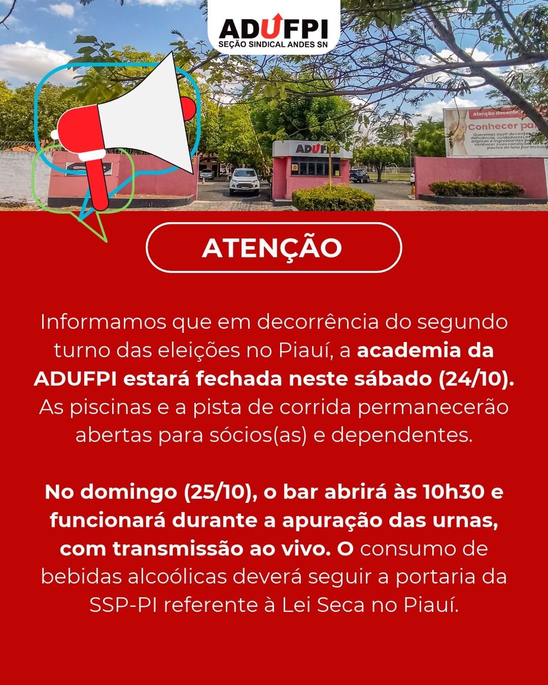 Funcionamento da ADUFPI neste sábado (24/10) e domingo(25/10)